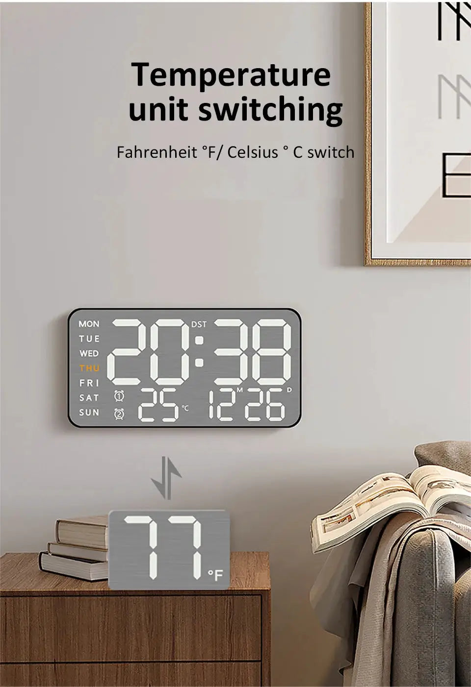 Simples Market mirror-brushed finish digital wall clock with temperature/date display; shown with a thermometer block on a wooden cabinet