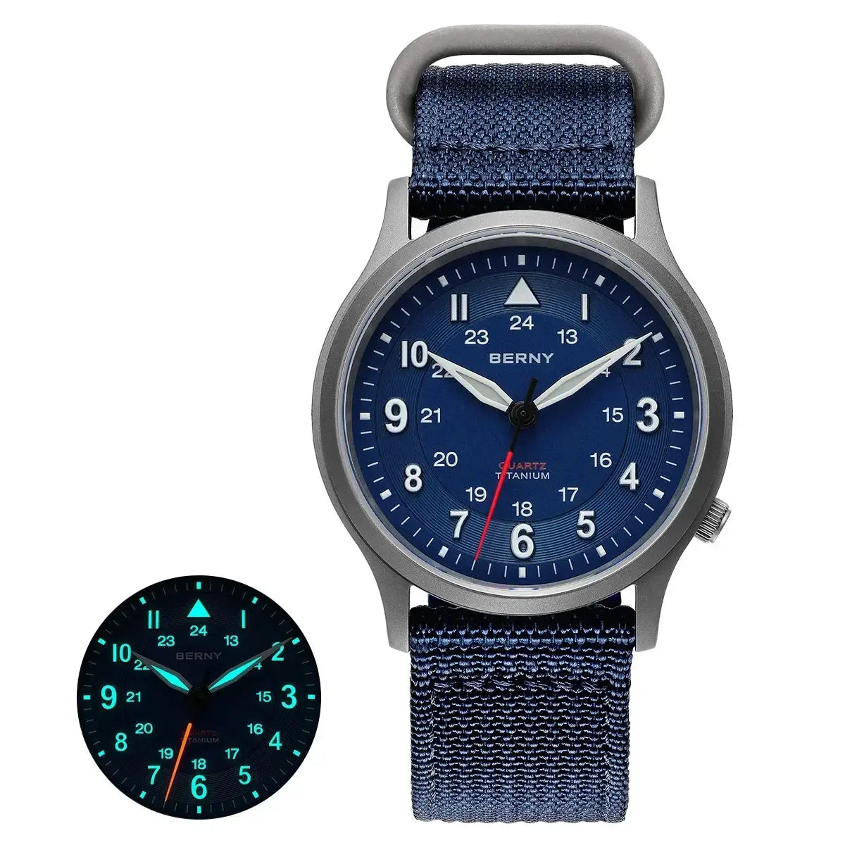 BERNY titanium field wristwatch for men, blue dial, titanium case, blue fabric strap, luminescent hands
