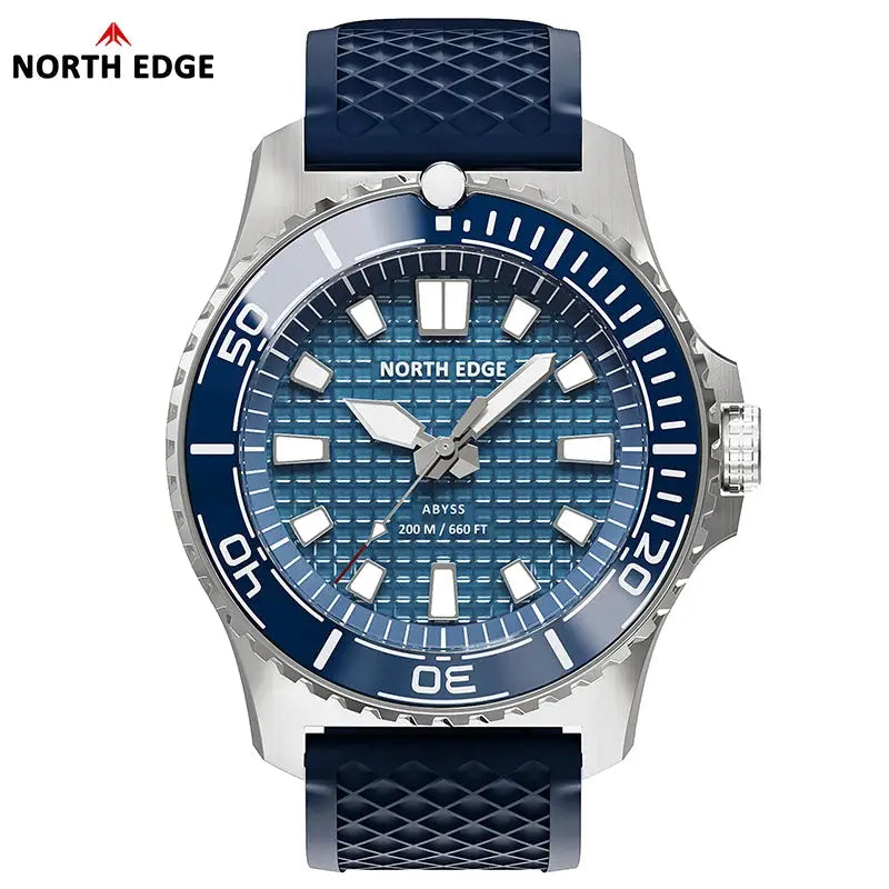 North Edge Abyss diver's watch with blue dial, blue bezel, 200M water resistant, 316L steel case, blue strap