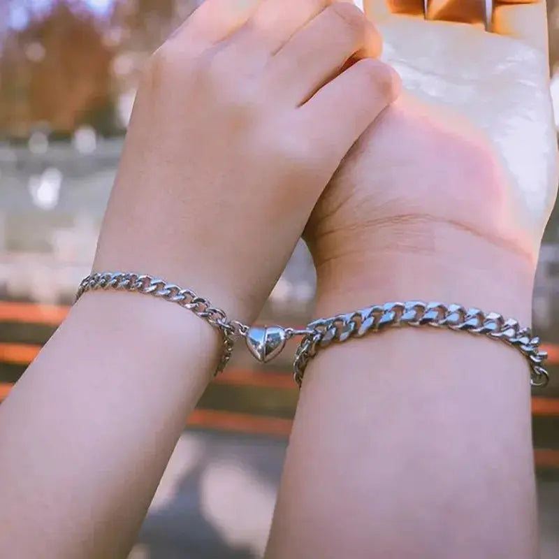Couple bracelet set: two silver chain bracelets with heart clasps