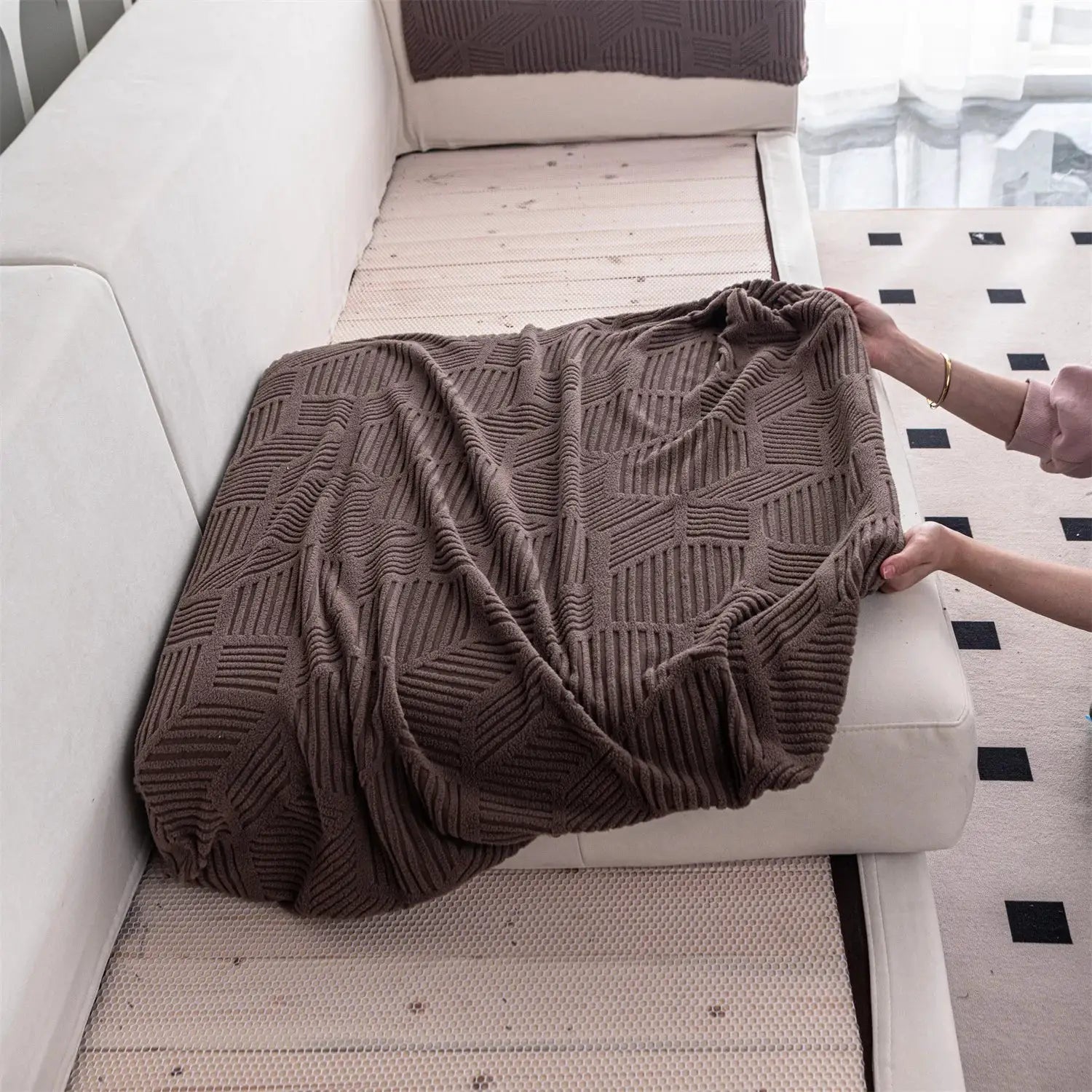 Brown jacquard stretch sofa cover with cushion cover for living room; universal fit