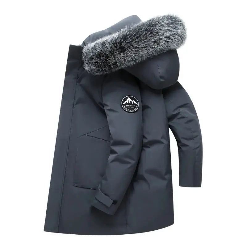 Men's navy windproof down parka with fur-trimmed hood and multiple pockets