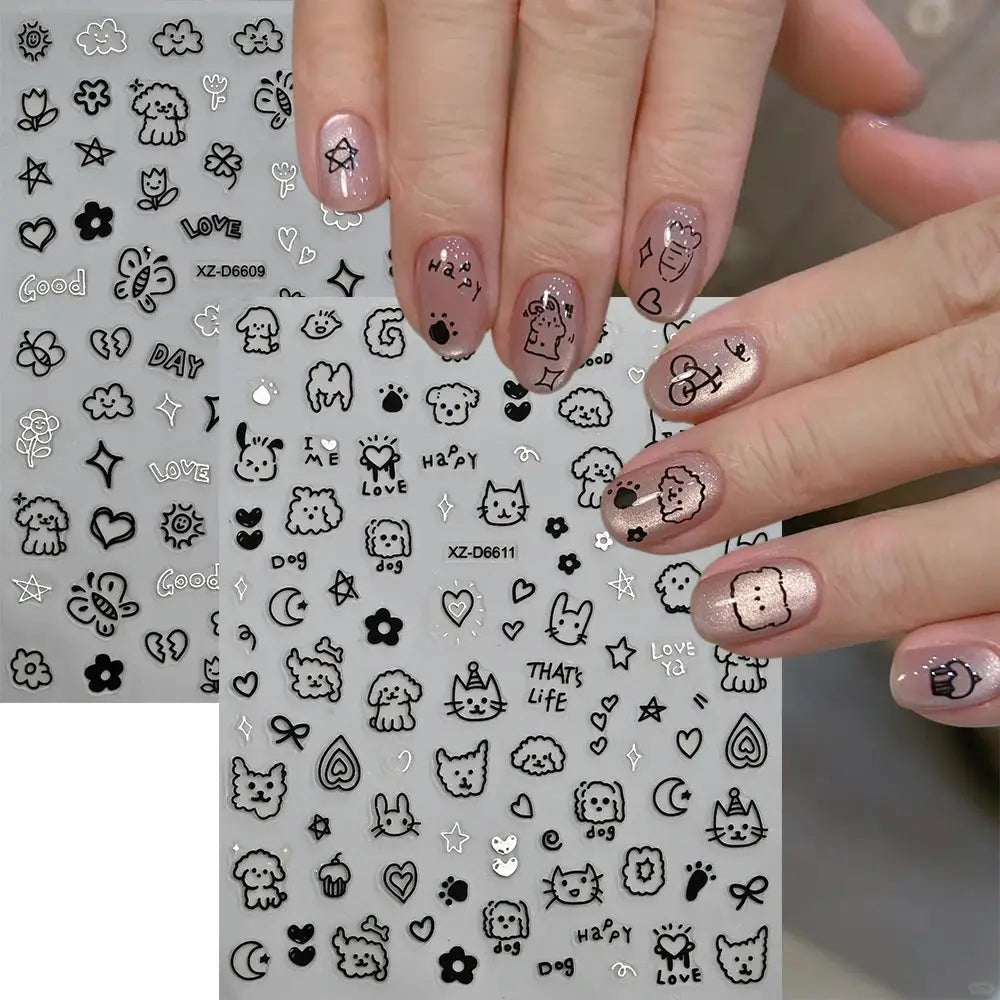 12-sheet cartoon nail stickers with black-line puppy, kitten and kawaii icons for manicure