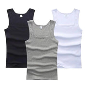 Three Simples Market cotton tank tops for men, sleeveless fitness tees in black, gray, and white.