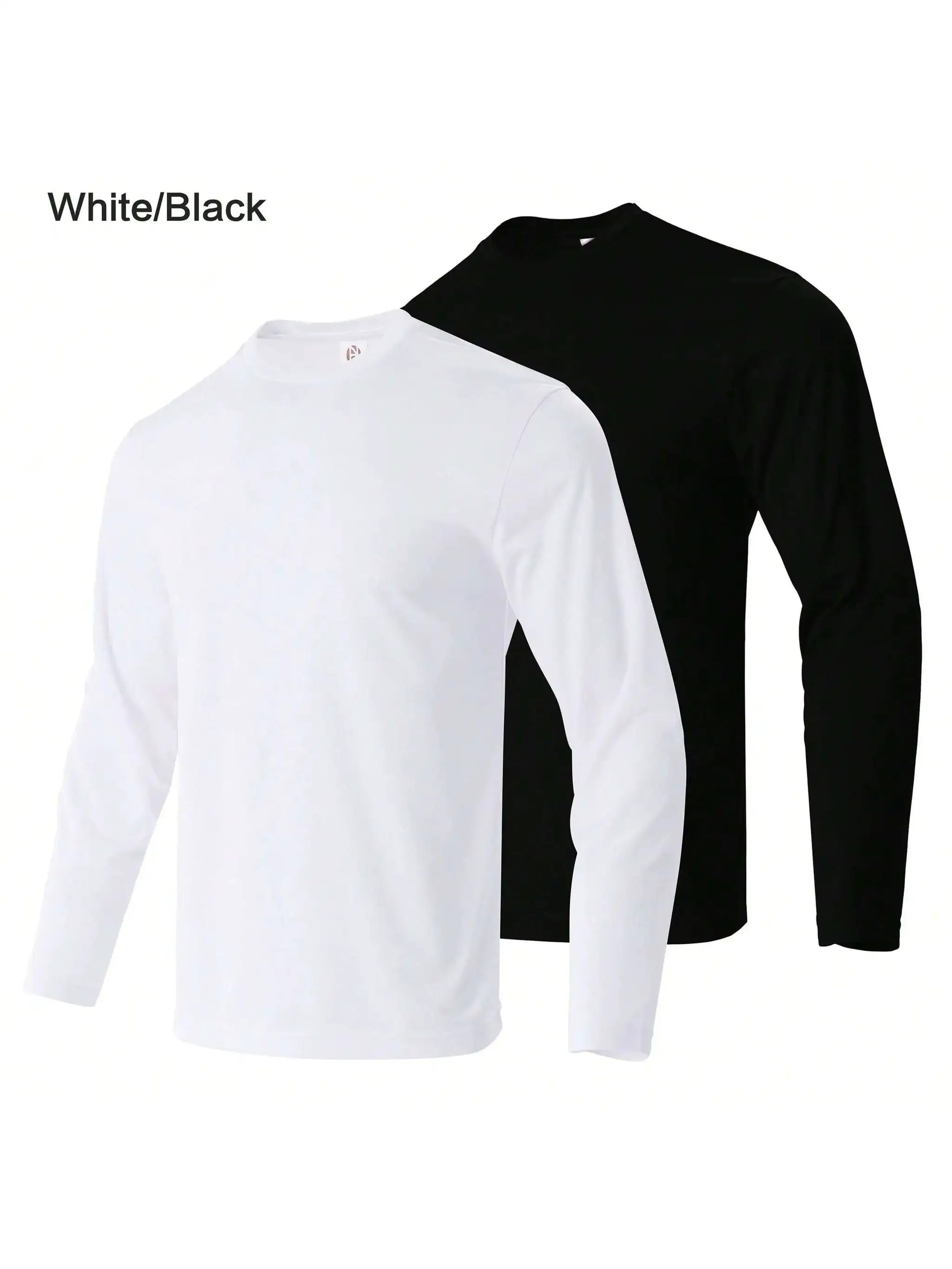 Two men's performance long-sleeve T-shirts, white and black, moisture-wicking quick-dry athletic tops