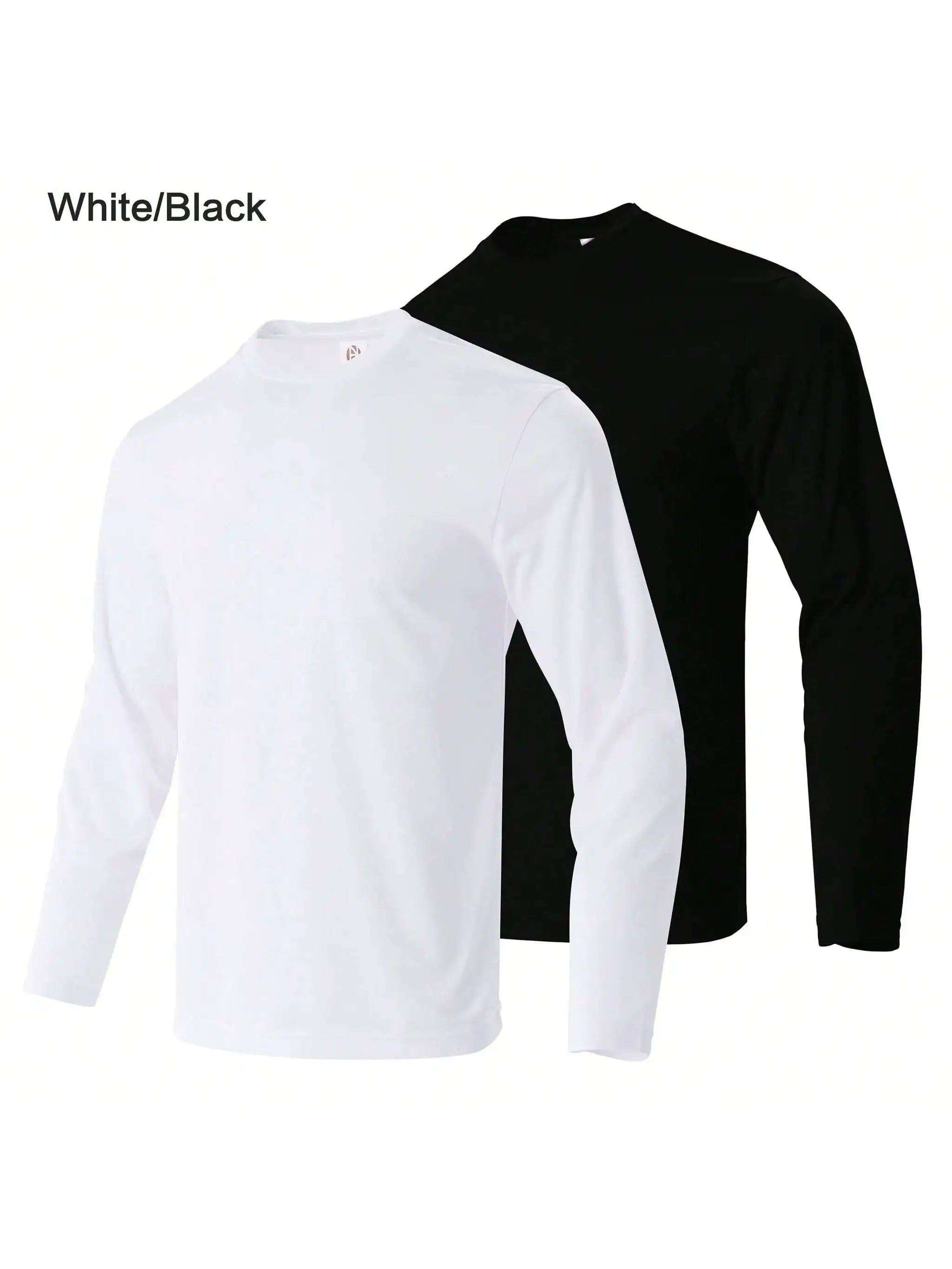Two men's performance long-sleeve T-shirts, white and black, moisture-wicking quick-dry athletic tops