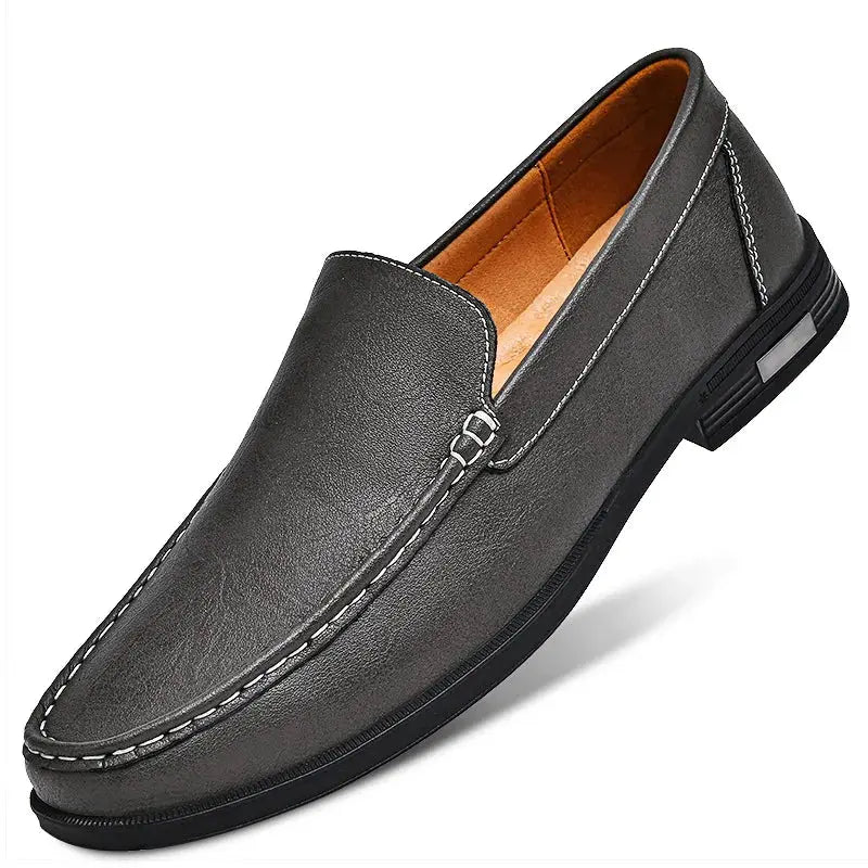 Leather men's slip-on dress loafer in grey with white contrast stitching