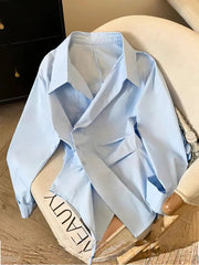 Designer Irregular Long Sleeve Polo Shirt Women Tunic White Elegant Basic Top Blouse For Workwear