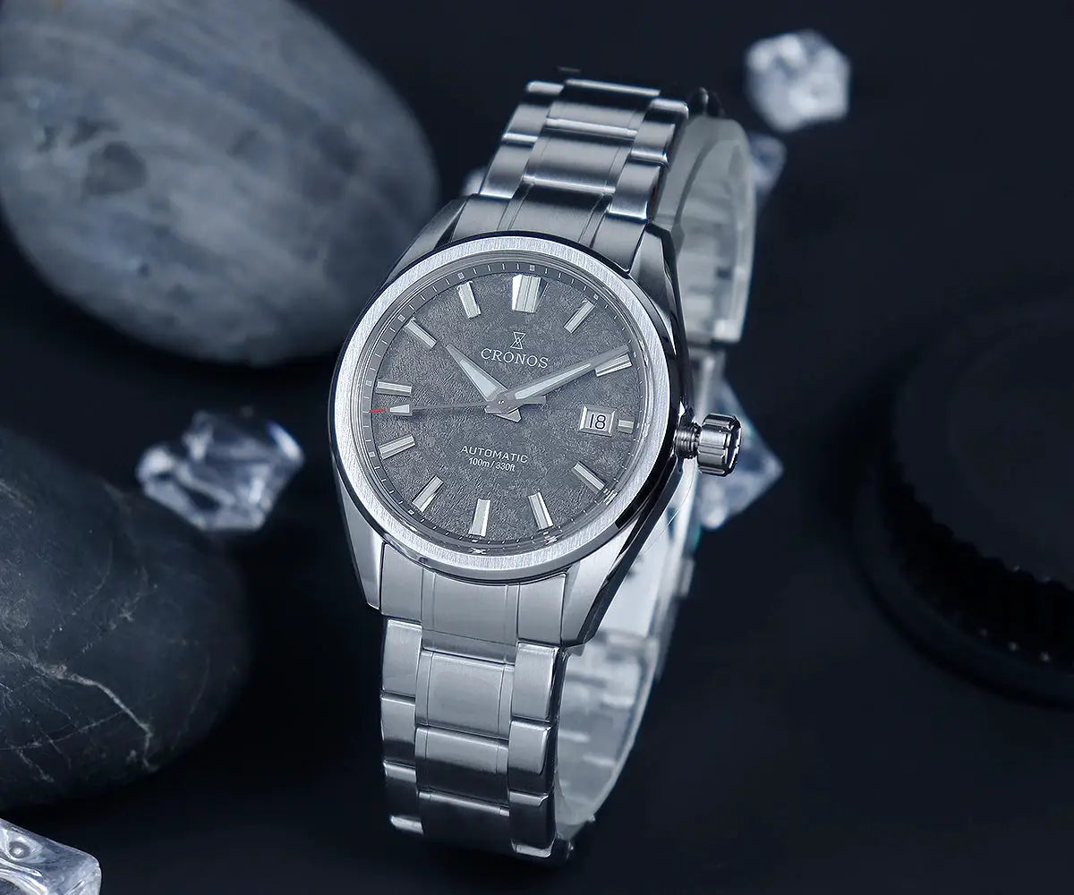 Cronos men's 39mm automatic wristwatch with stainless steel bracelet, birch-pattern dial and date