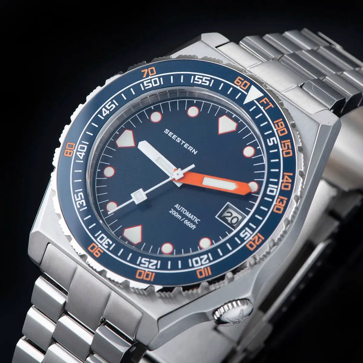 Seestern SUB600T diver watch blue dial with orange hands, ceramic bezel, stainless steel bracelet, 200m water resistant