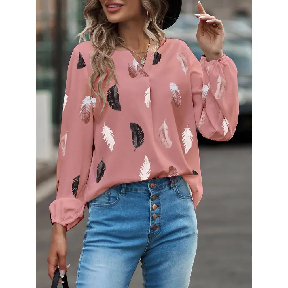 Pink feather-print chiffon blouse with long sleeves for women, stylish top