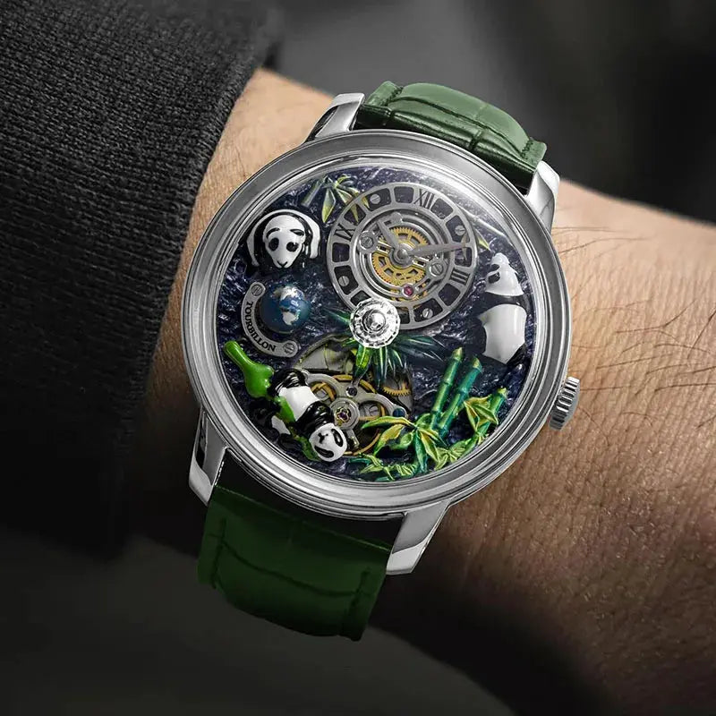 Panda mechanical watch by Simples Market with rotating crystal ball, panda figurines on dial, green strap