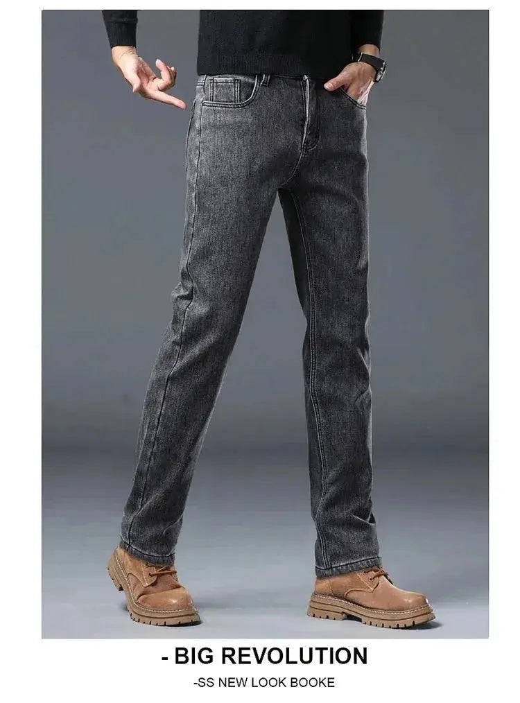 Men's gray-black straight-leg denim jeans with fleece lining for warmth Simples Market