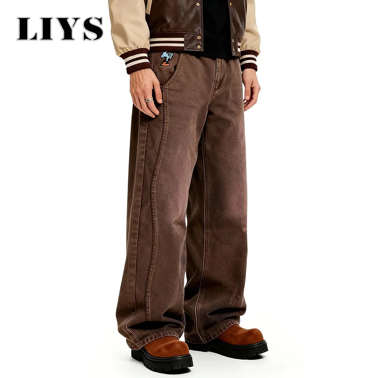 American Retro men's brown baggy wide-leg denim jeans with blue elephant embroidery