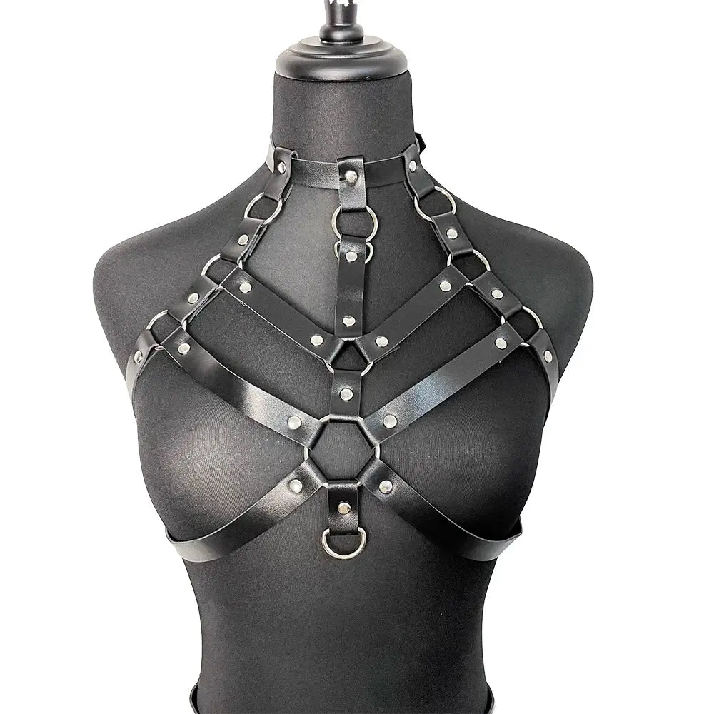 VelvetKink Chest Harness Synthetic Leather Lingerie Bodysuit With Suspender Garter Belt For Mature Fetish Play