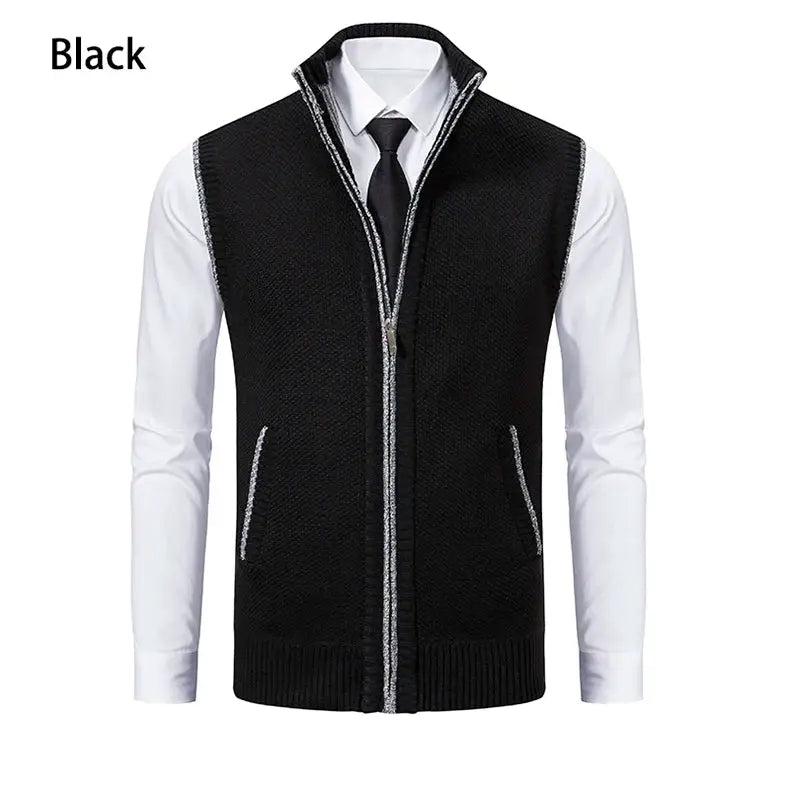 Men's black knit sleeveless vest with stand collar, zip front and grey piping accents