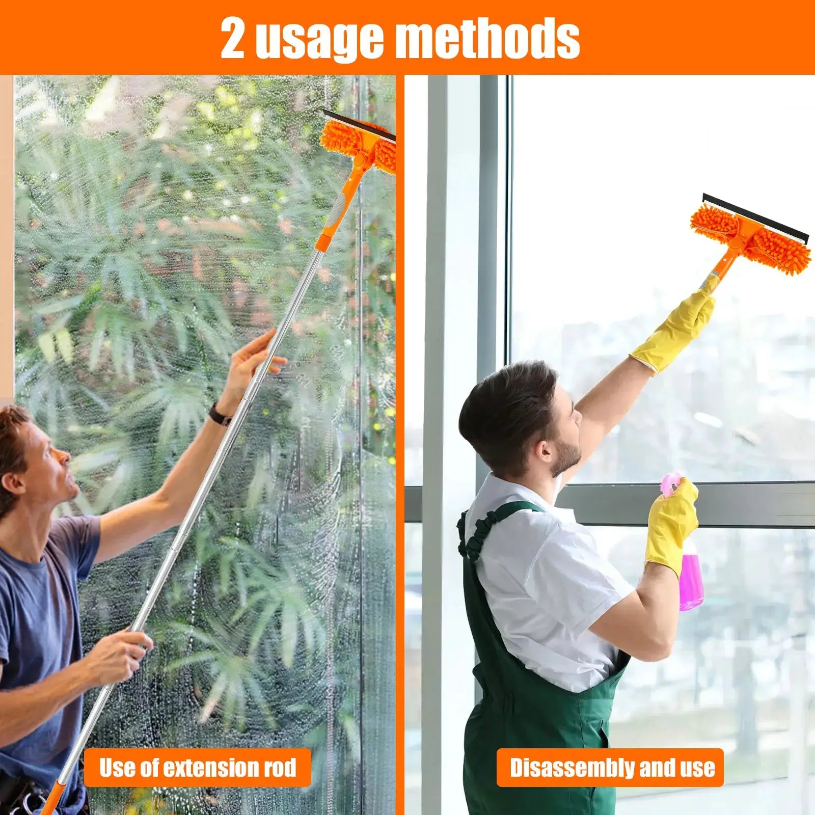 Extendable window cleaner tool with 180° rotatable head and long orange handle; includes squeegee and mop for windows.