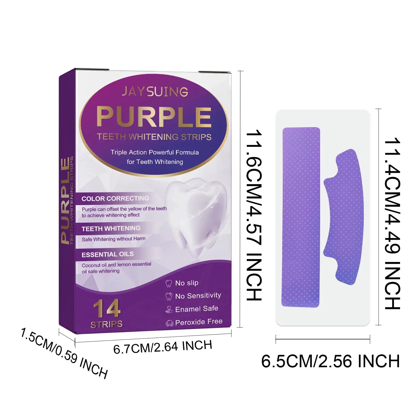 Purple teeth whitening strips box with 14 strips and a purple blister pack