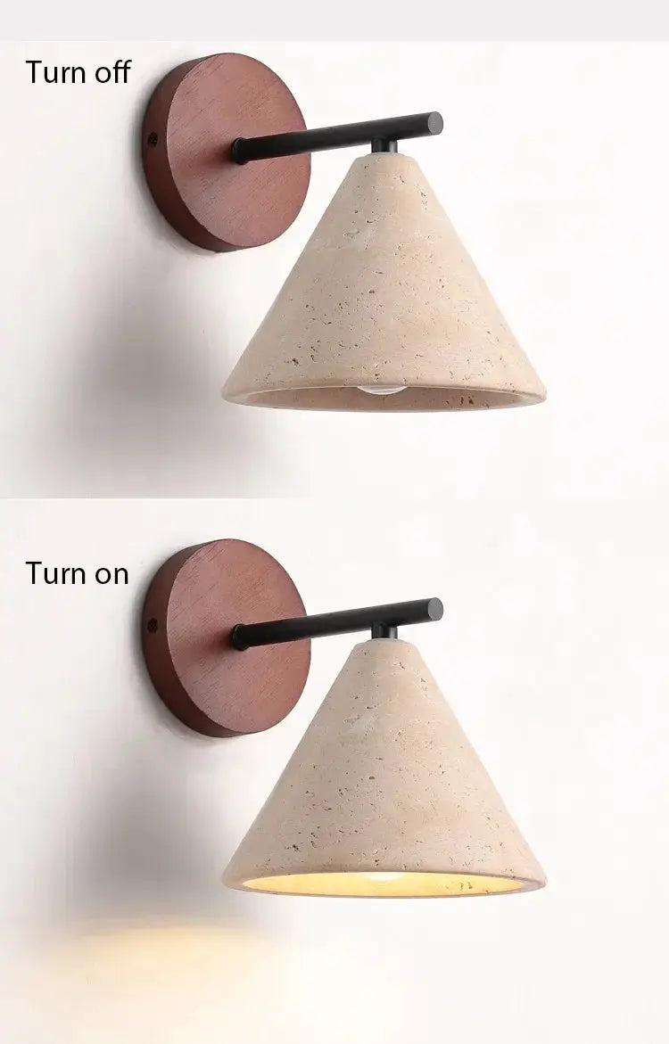 Travertine wall lamp with conical shade, brown round backplate, black bar arm, LED light