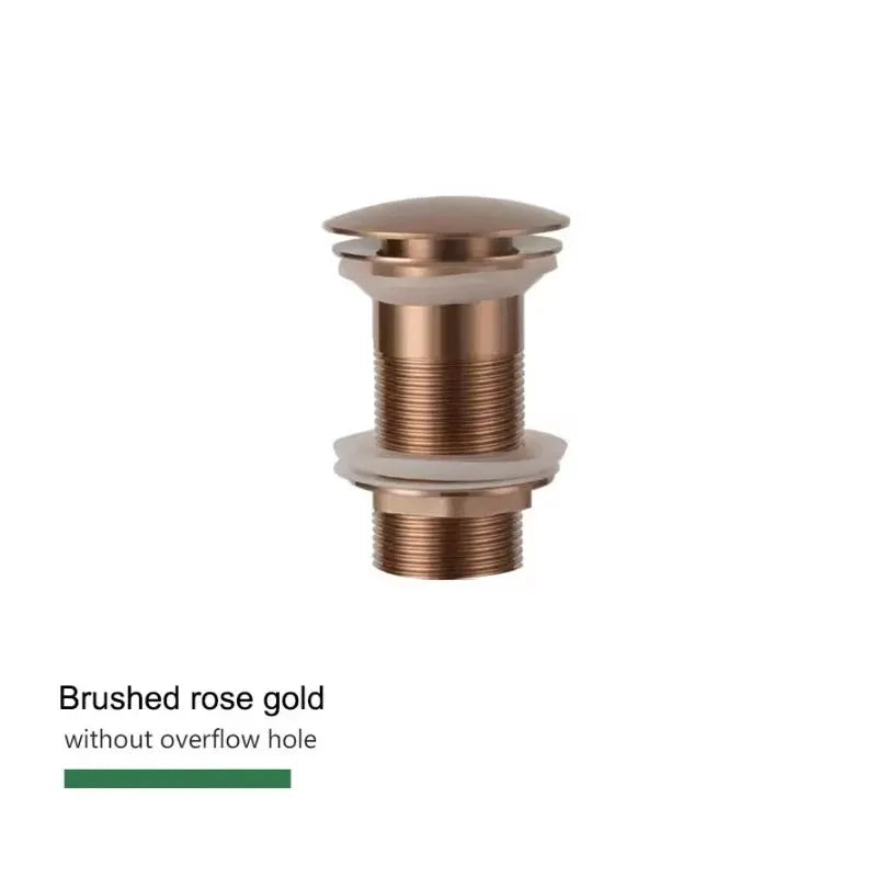 Bathroom sink pop-up drain in brushed rose gold with brass body