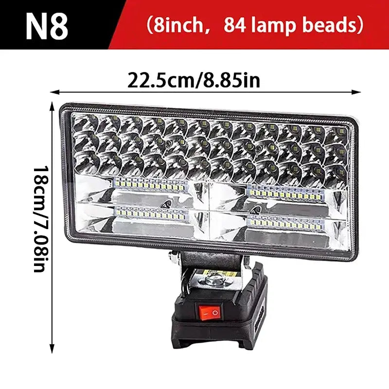 HOMEFISH LED work light for Makita 18V, Simples Market; black portable flood lamp with 84 LEDs and red switch.