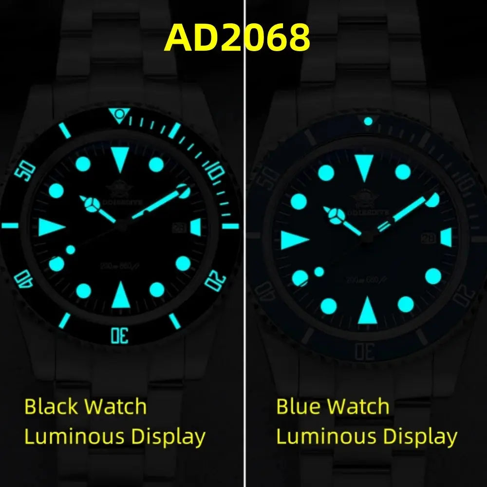 ADDIESDIVE AD2068 luxury men's analog diver's watch; two color variants with luminous display, 200m, ceramic bezel