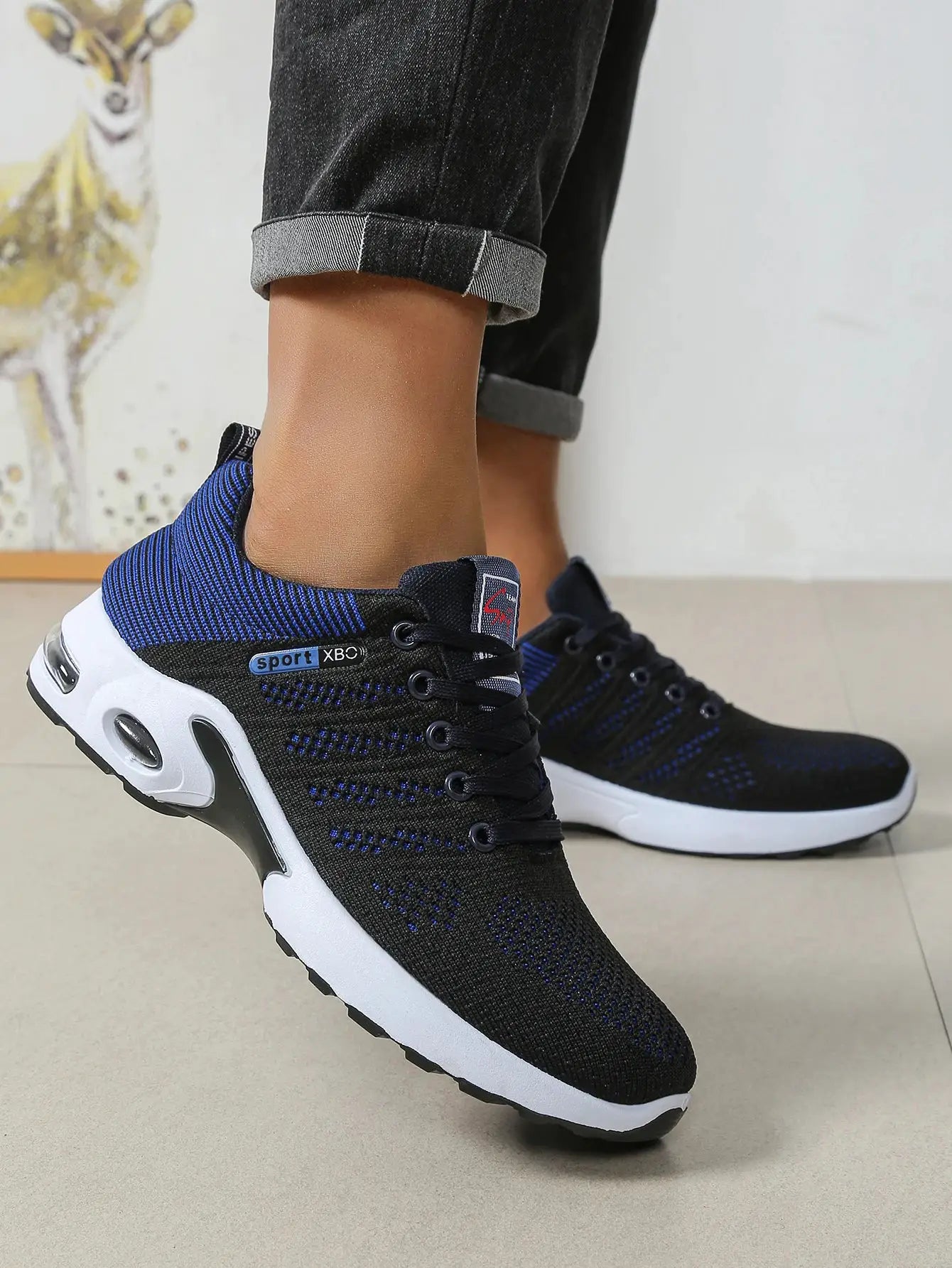 Men's breathable lace-up running shoes by Simples Market, black/blue knitted upper with white sole and XBO sport logo (pair)