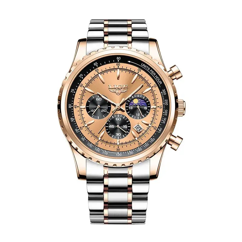 LIGE men's luxury chronograph watch, rose-gold and silver two-tone stainless steel bracelet with date window