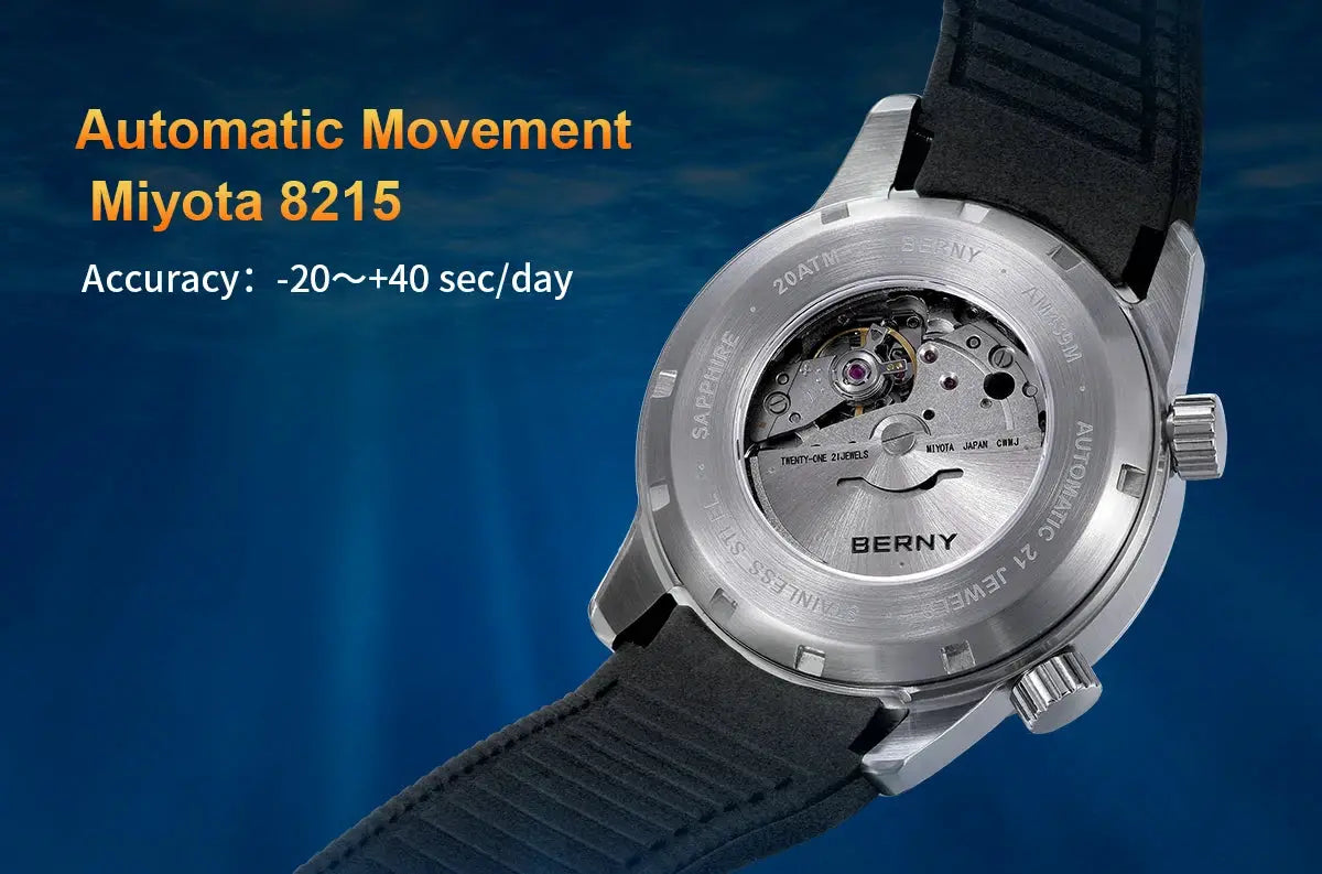 BERNY men's dive watch with stainless steel case, black strap, visible automatic movement through sapphire case back