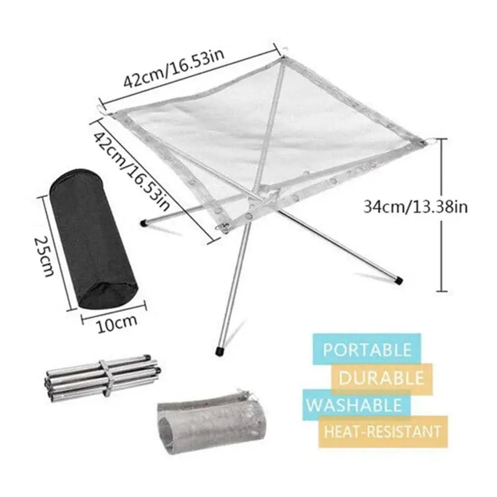 Outdoor BBQ bonfire rack by Simples Market, portable camping fire pit grill with stainless steel mesh frame and legs
