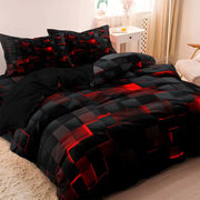 Simples Market 3pc duvet cover set in black and red geometric grid plaid; includes duvet cover and 2 pillowcases.