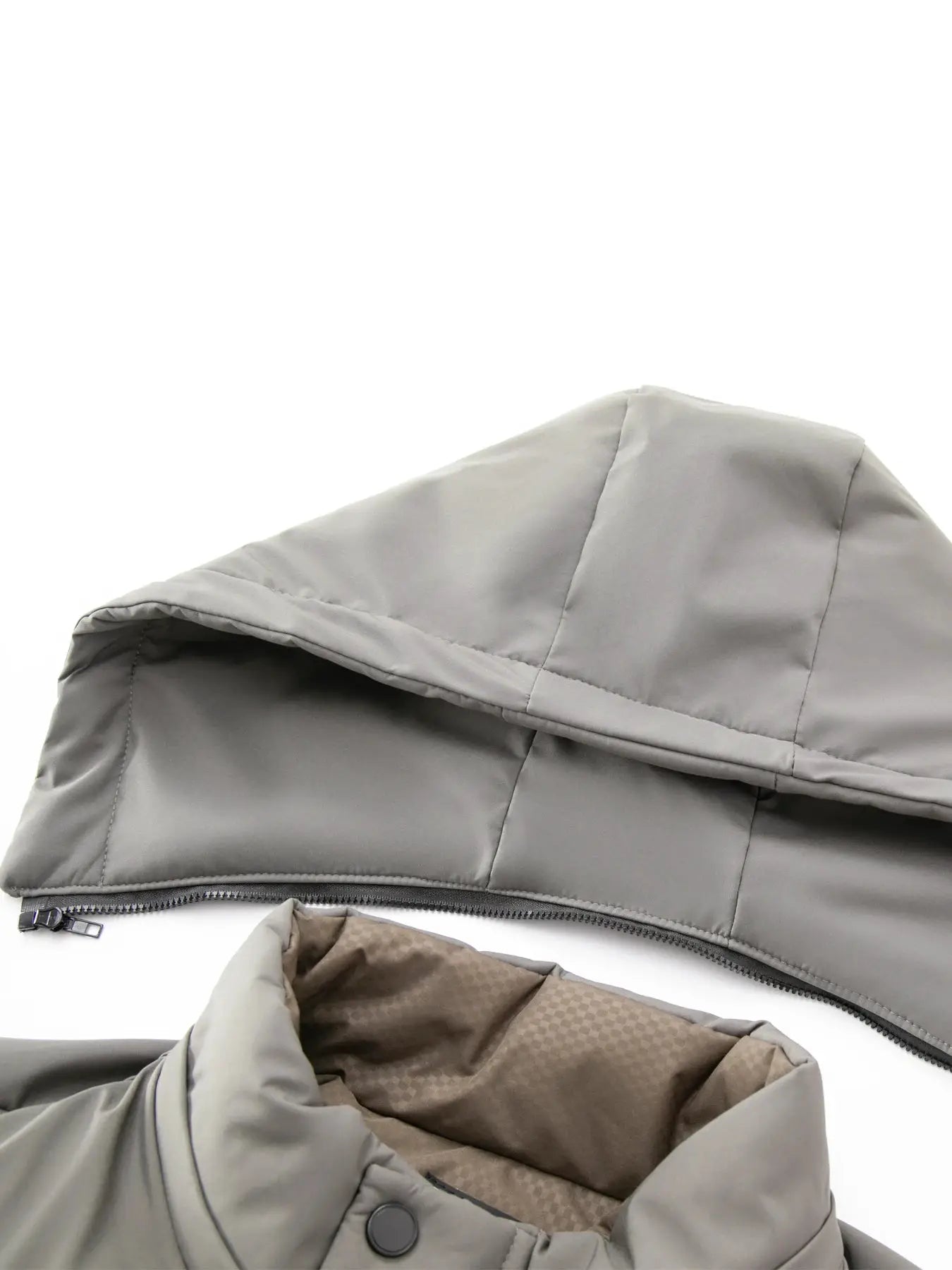 Men's cotton jacket by Simples Market, gray outerwear with hood and zipper; brown inner lining visible.