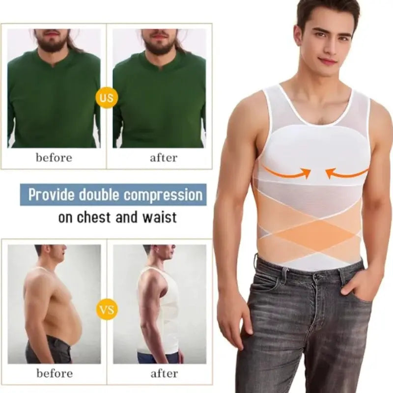 Men's compression undershirt by Simples Market, white mesh vest with double chest and waist compression