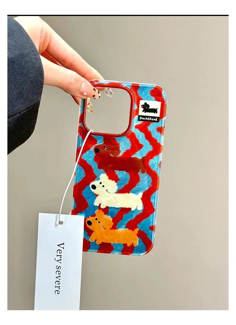 PawCart Cartoon Stripes Dog Chain Case For iPhone 16 15 14 13 12 11 Pro Max Mini Anti Fall TPU Soft Shell With Lanyard
