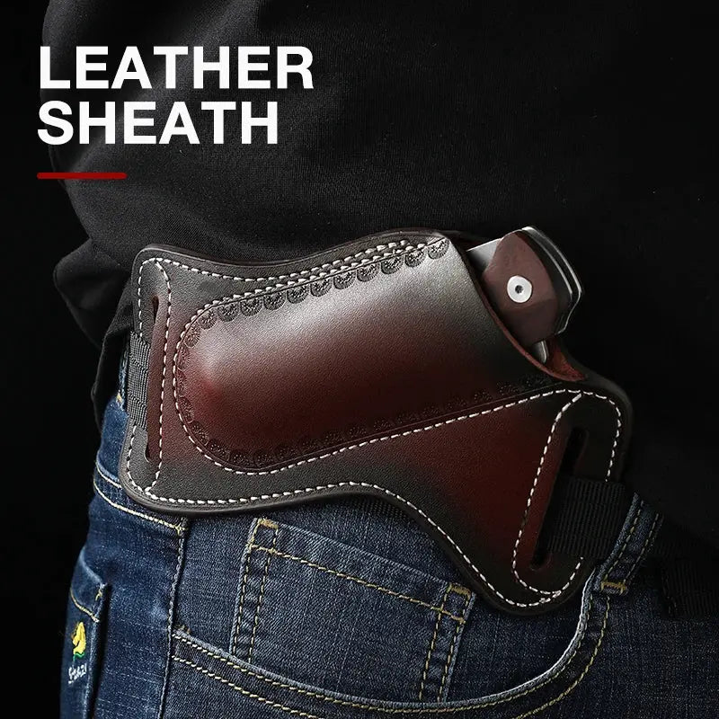 Simples Market brown leather belt sheath for folding knife, cowhide EDC holster with detailed stitching