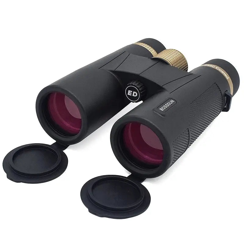 Simples Market 12x42 HD binoculars with ED lens, black metal body, gold adjustment knobs, lens caps removed
