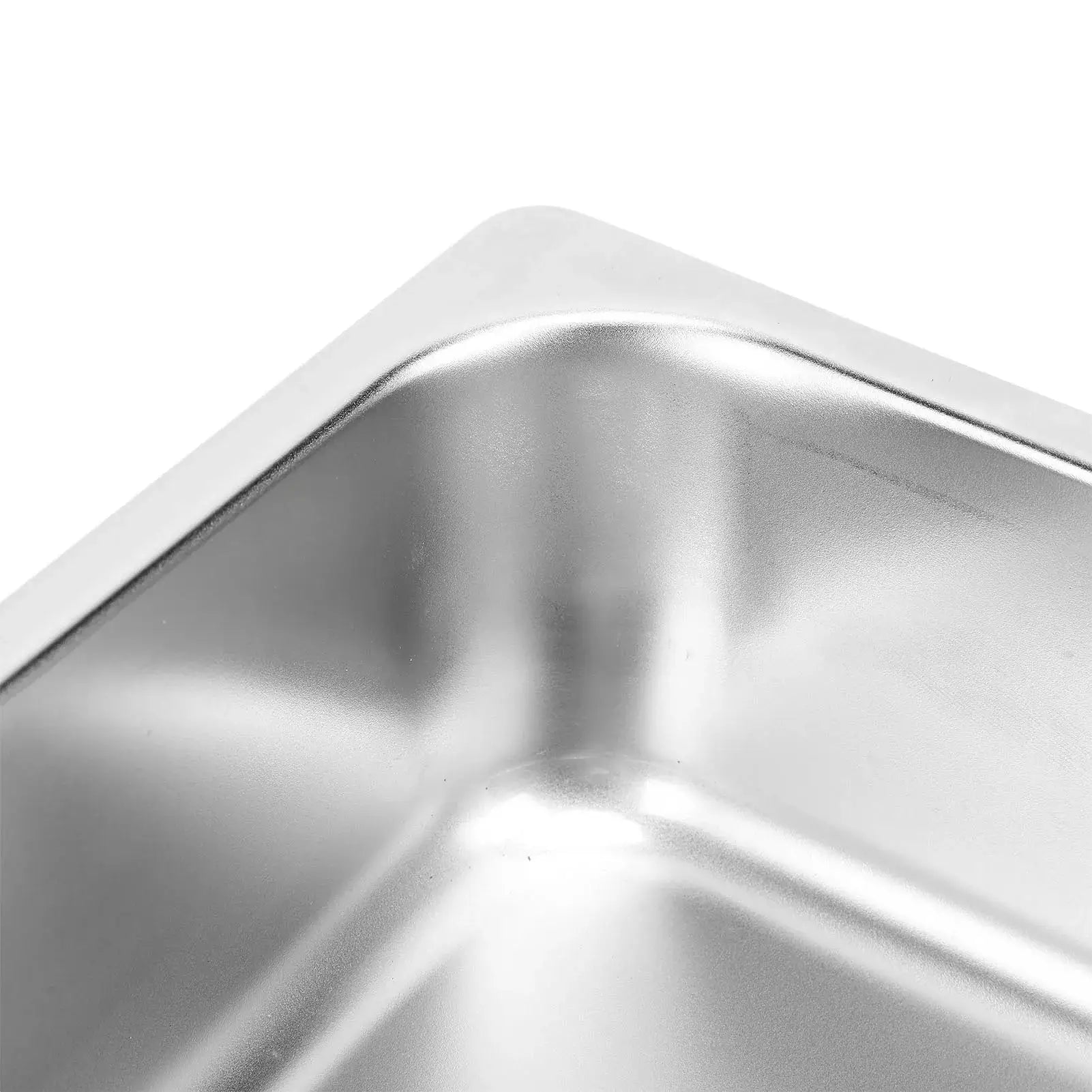 Stainless steel rectangular kitchen sink basin close-up of corner (RV 304)