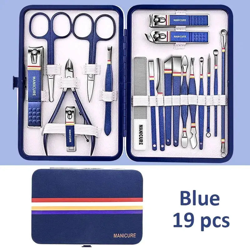 Manicure set, blue 19-piece stainless steel tools in a case with nail clippers, scissors, nippers, files and tweezers