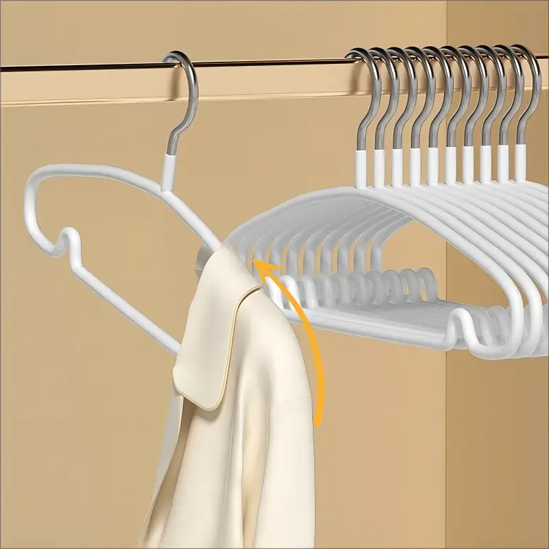10-pack Simples Market non-slip plastic clothes hangers on a closet rod with a beige coat