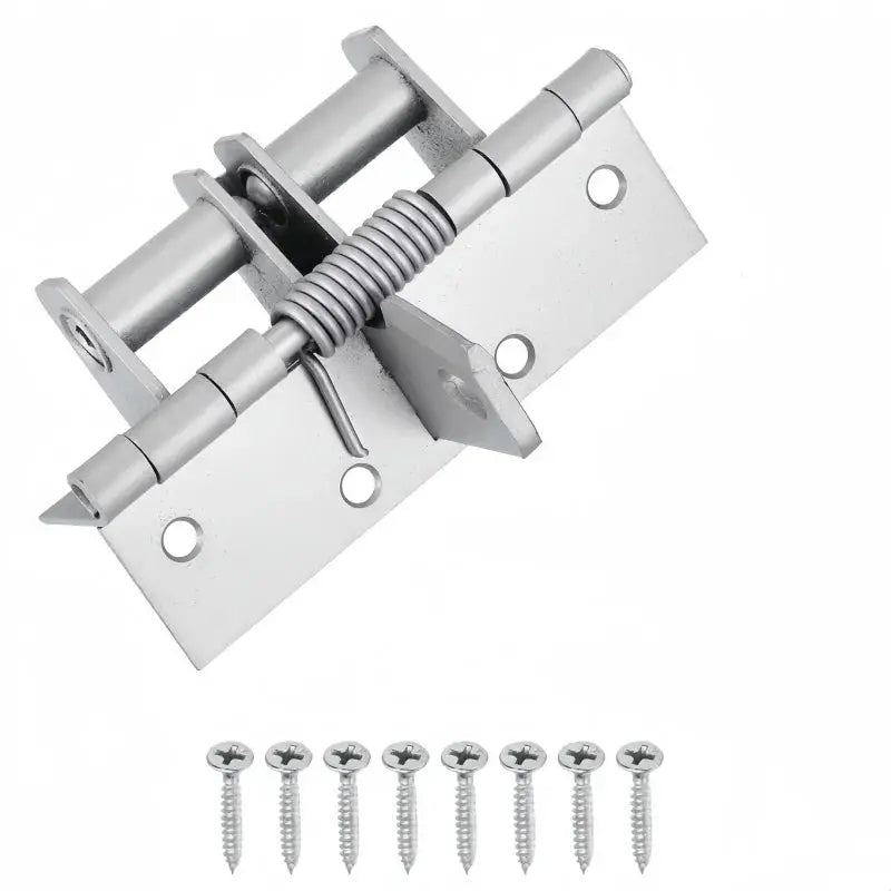 3-in-1 automatic self-closing door hinge set by Simples Market, silver metal with screws