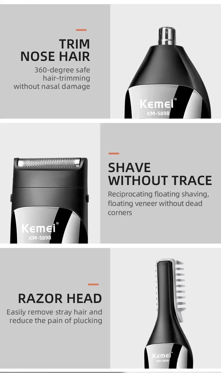 Kemei KM-5898 waterproof 11-in-1 grooming kit; black electric trimmer with nose hair, beard and clipper attachments
