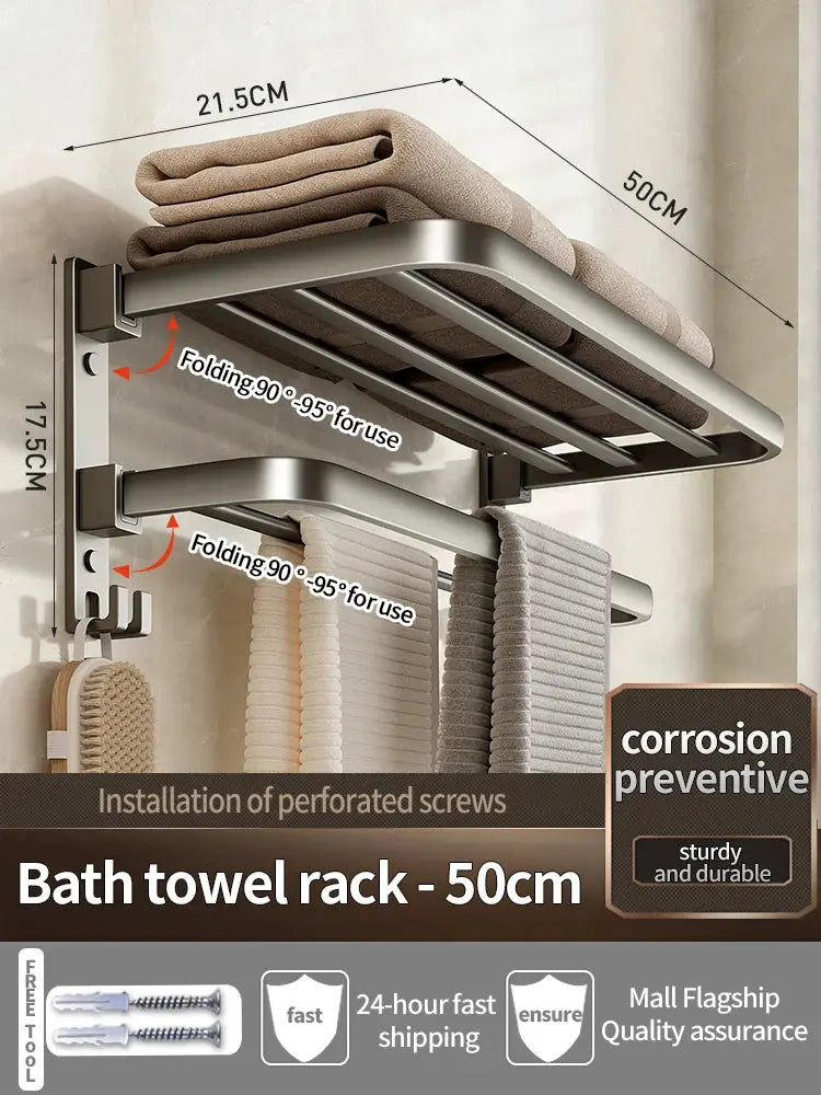 Bath towel rack by Simples Market, folding aluminum with grey/black finish, 50cm length with foldable arms.