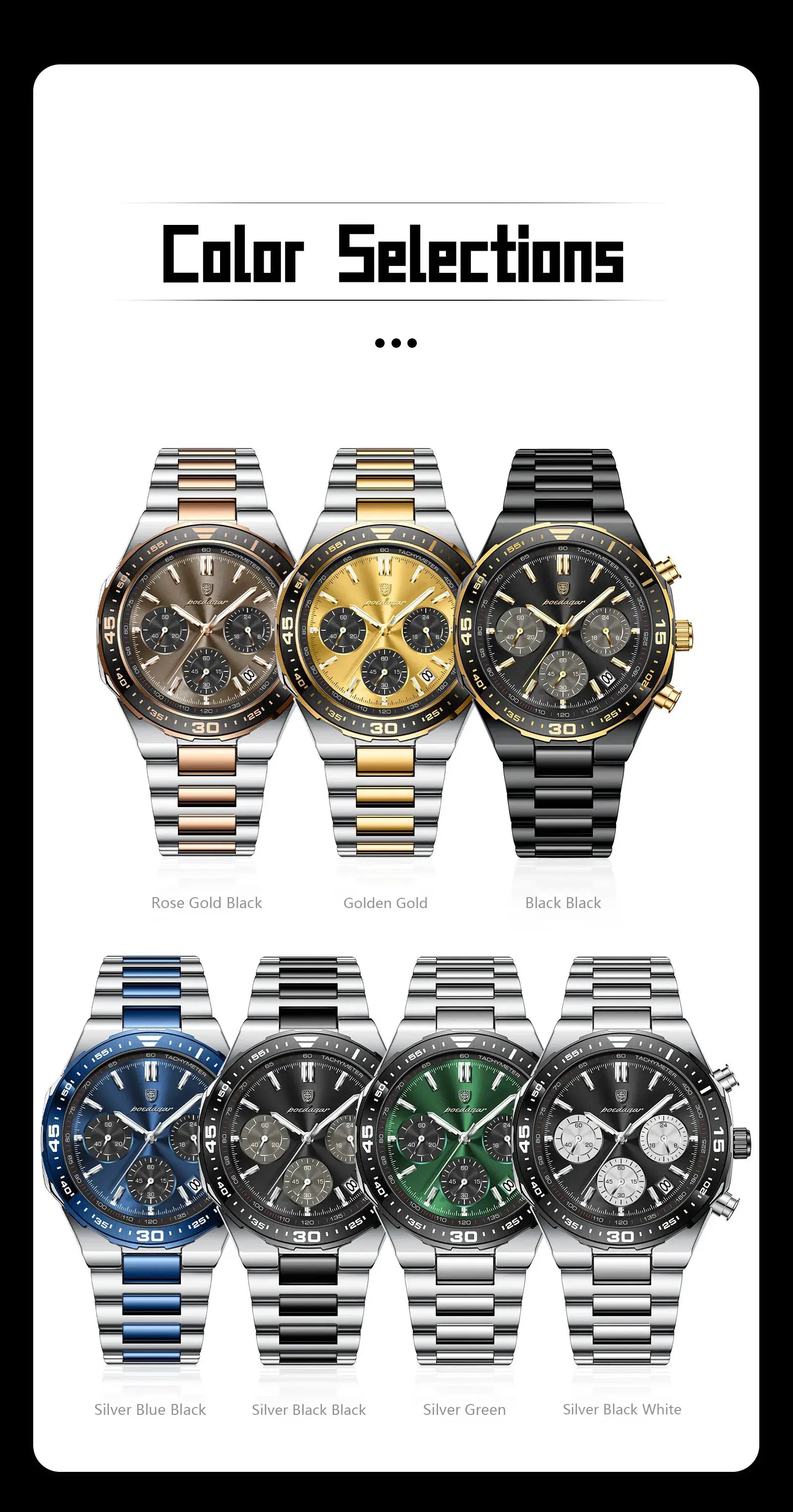 POEDAGAR fashion quartz men watch; waterproof stainless steel chronograph with luminous date, 7 color options