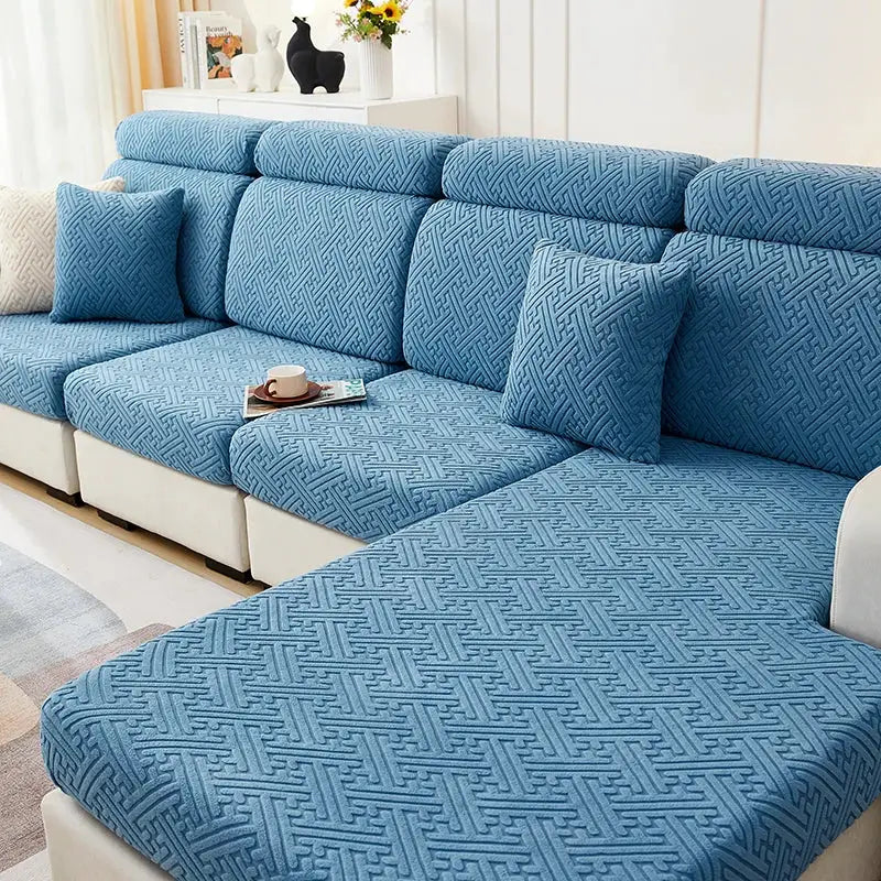 Sofa slipcover set in blue jacquard with cushions for sectional, stretch-fit