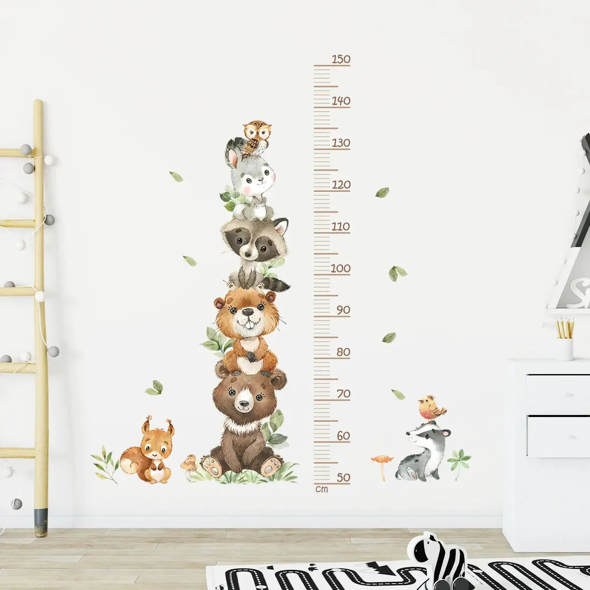 3pc cartoon animal height ruler wall stickers with stacked bear, raccoon, bunny, owl beside scale; waterproof PVC
