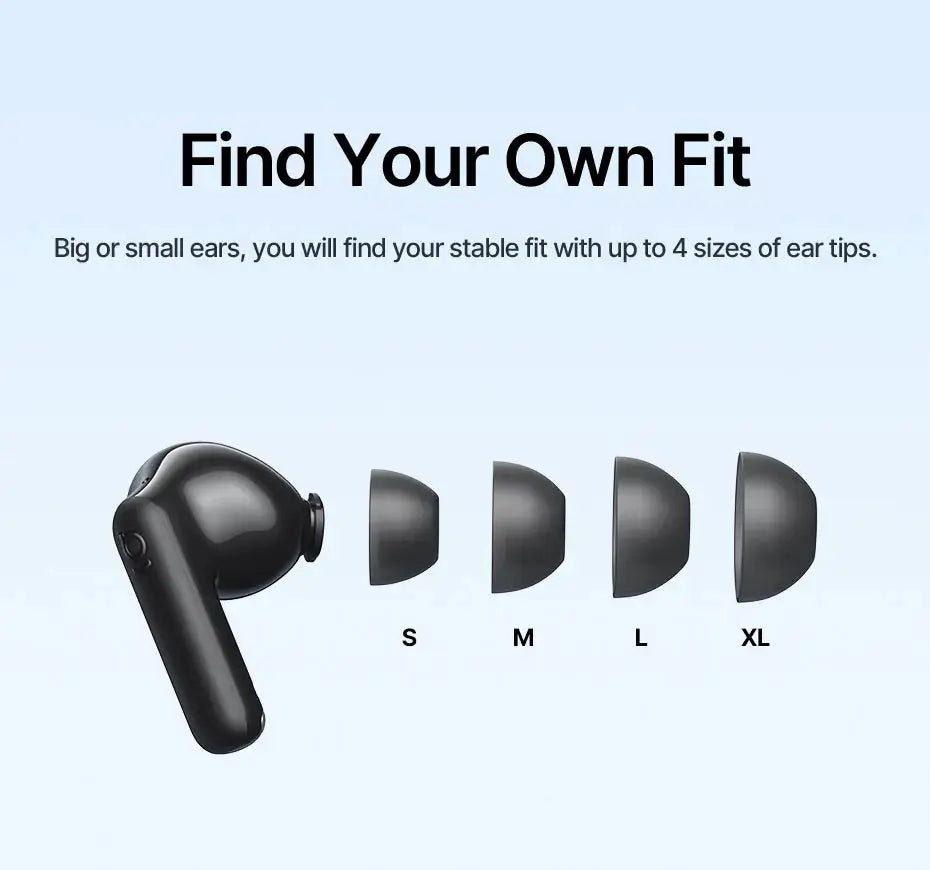 Baseus Bass EP10 wireless earbuds in black with four ear tip sizes (S–XL)