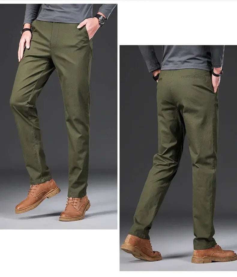 Simples Market men's casual pants, 97% cotton, elastic slim-straight fit in army green.