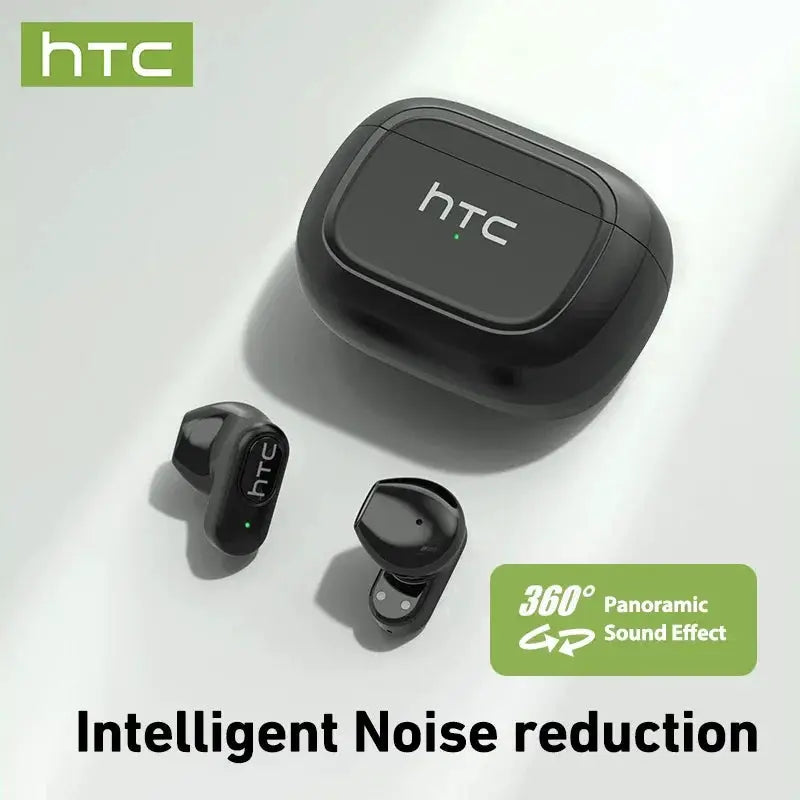 HTC NE51 true wireless earbuds with charging case, two black buds with green HTC logo.