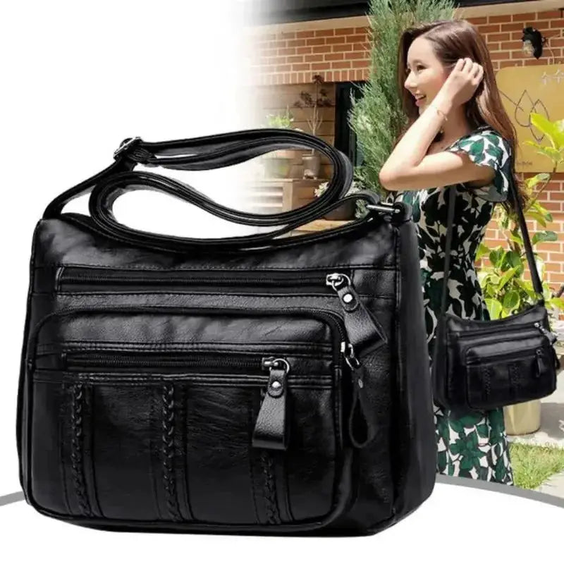 Simples Market black large-capacity crossbody bag with multiple front zip pockets and adjustable strap, two bags shown