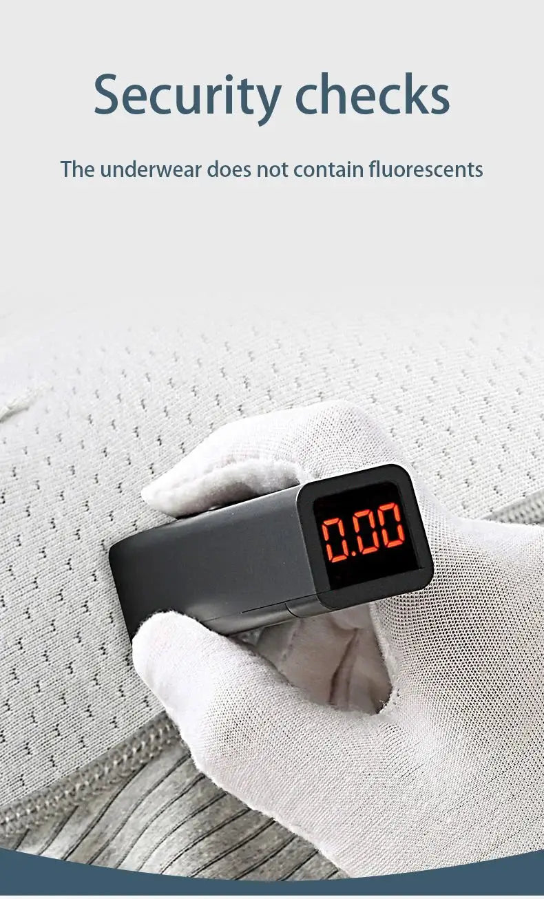 Security checks banner over close-up fabric; gloved hand holds a device displaying 0.00